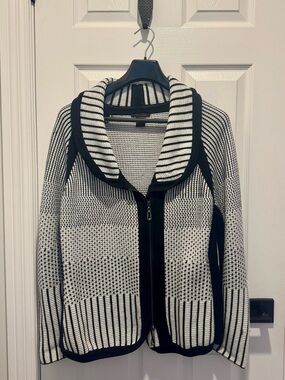 Striped Black & White Zip-Front Shawl Collar Sweater
